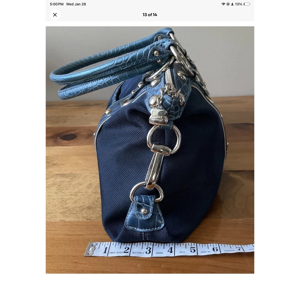 Kathy Van Zeeland Blue Denim & Faux Leather Satchel Bag/Purse Grommets/Studs - Picture 11 of 12